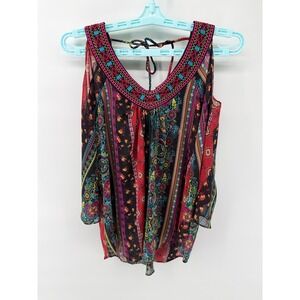 No Boundaries Women's Sz L Cold Shoulder Boho Paisley Top Black Red Semi Shear